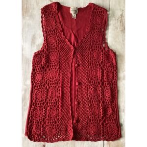 Croquet Club Vintage Red Crochet Floral Knit Vest Ramie Cotton Blend Large